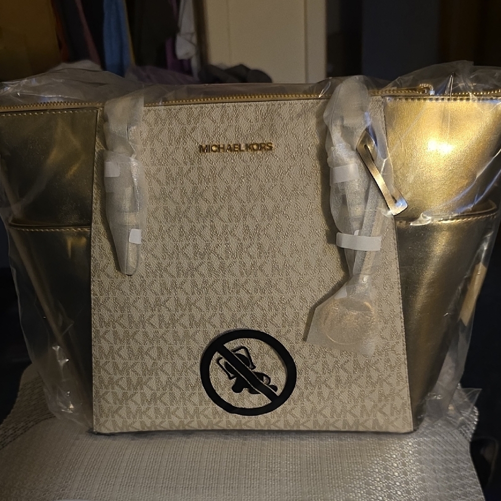 Michael Kors Gold and Cream Tote with Monogram Pattern
